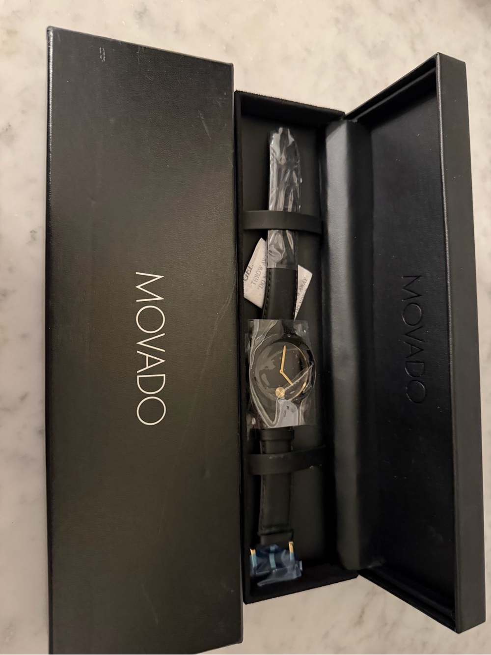 Movado Black Dial with Gold Accents Leather Watch - Picture 6 of 6